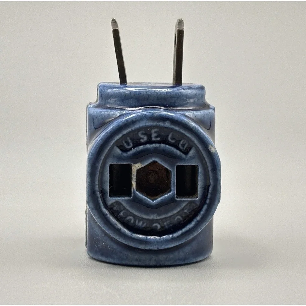 Vtg USE CO Blue Porcelain 3-Way Outlet Adapter Antique Ceramic Cube Tap Plug⁠